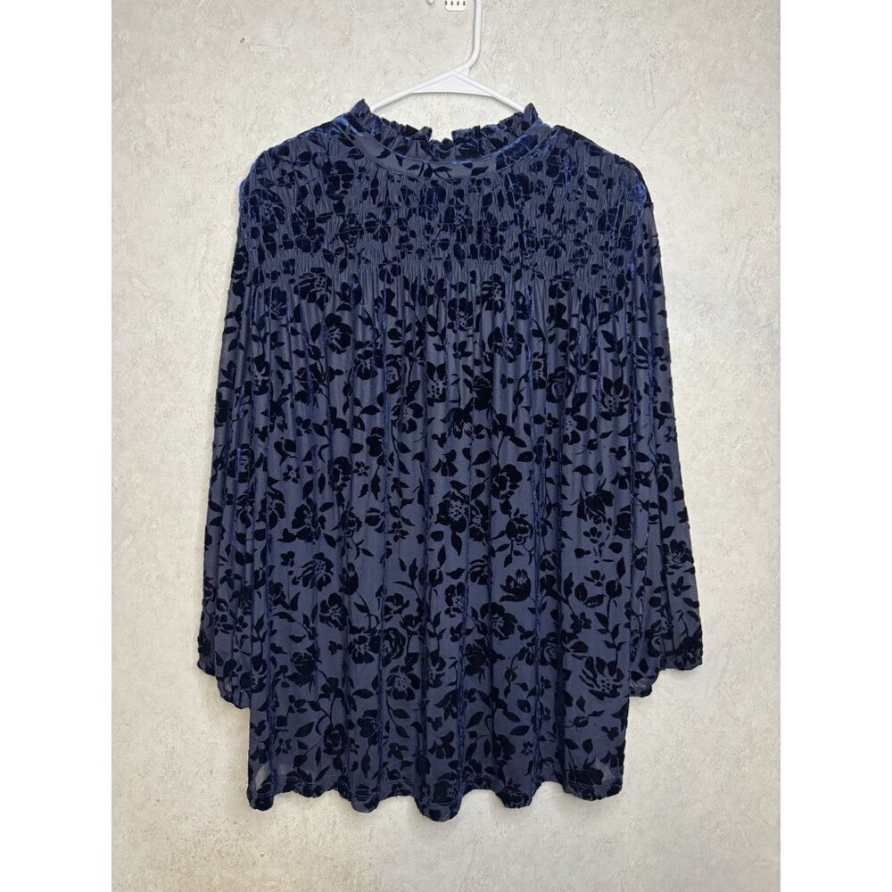 Womens Floral Navy Burnout Velvet Blouse Top Mock Neck Holiday Glam Chic Goth XL